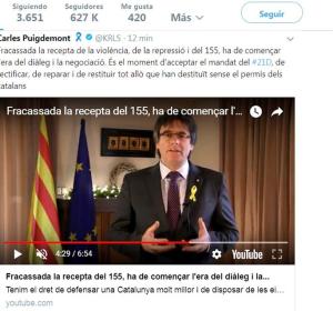 Captura de la cuenta de Twitter del expresidente de la Generalitat Carles Puigdemont Captura de la cuenta de Twitter del expresidente de la Generalitat Carles Puigdemont