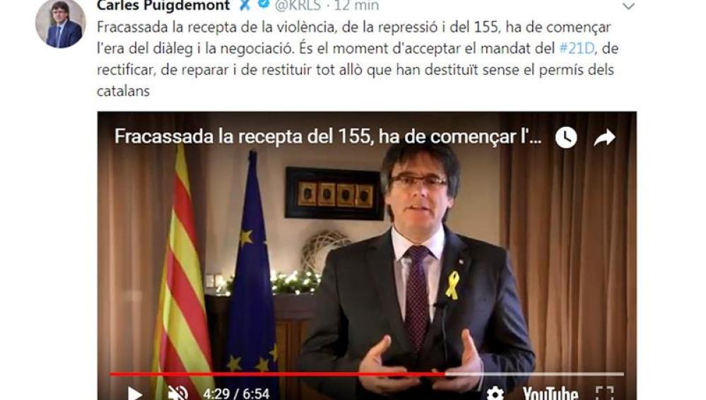 Captura de la cuenta de Twitter del expresidente de la Generalitat Carles Puigdemont