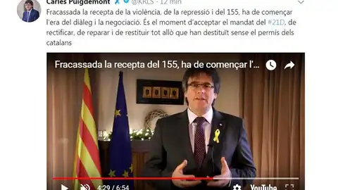 Captura de la cuenta de Twitter del expresidente de la Generalitat Carles Puigdemont Captura de la cuenta de Twitter del expresidente de la Generalitat Carles Puigdemont