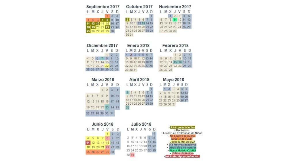 Calendario Escolar 2017-2018 de Madrid