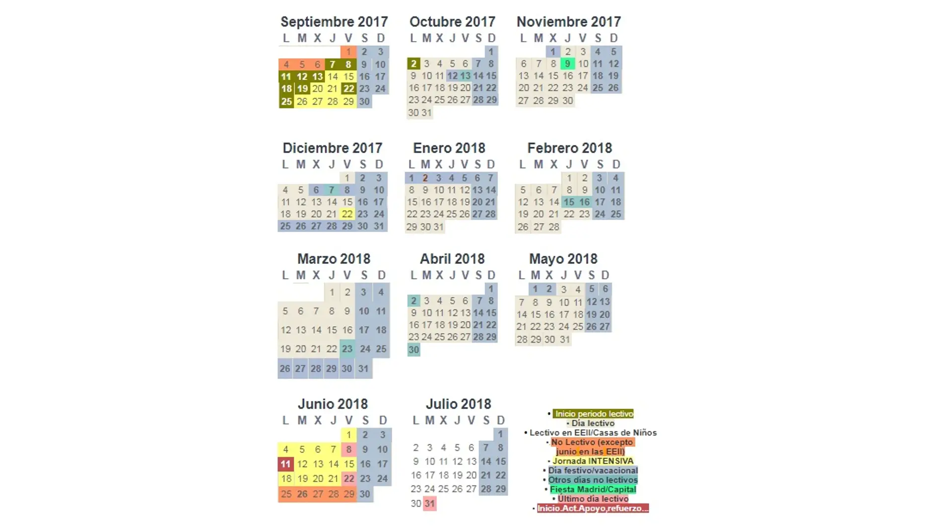 Calendario Escolar 2017-2018 de Madrid