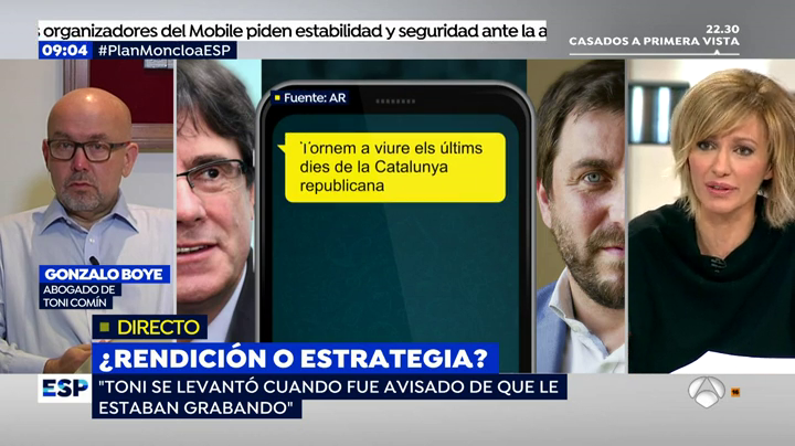 El abogado de Comín niega que supiera que le estaban grabando: "Usaron unos instrumentos técnicos para ver la pantalla de su teléfono" El abogado de Comín niega que supiera que le estaban grabando: "Usaron unos instrumentos técnicos para ver la pantalla de su teléfono"