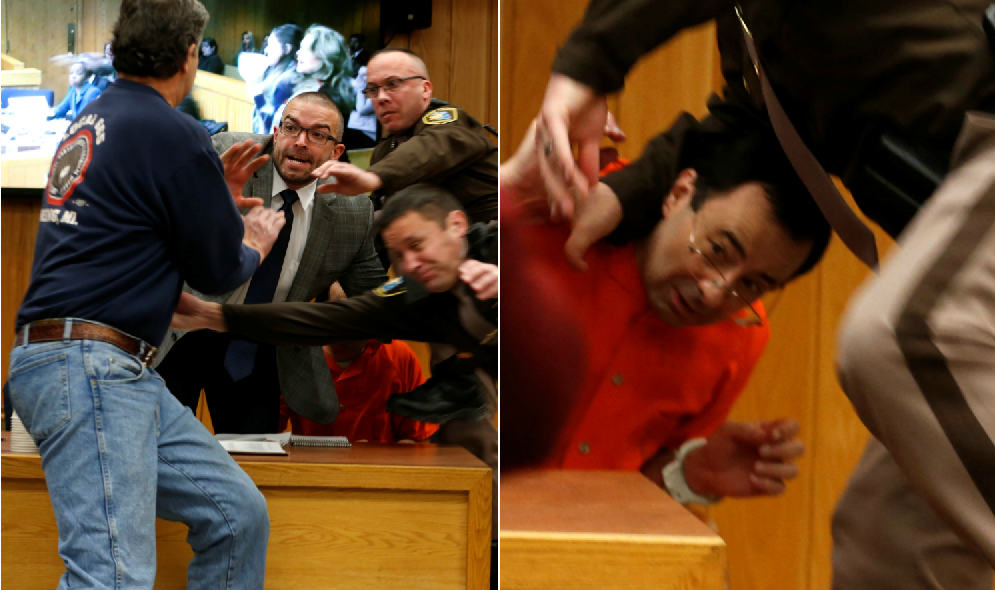 Un padre de tres niñas que sufrieron los abusos de Larry Nassar se abalanza sobre el doctor en pleno juicio Un padre de tres niñas que sufrieron los abusos de Larry Nassar se abalanza sobre el doctor en pleno juicio