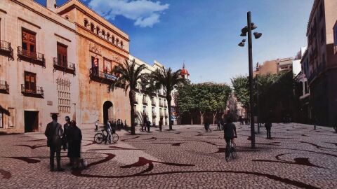 Simulaci&oacute;n de la Pla&ccedil;a de Baix de Elche cuando sea peatonal la calle Corredora