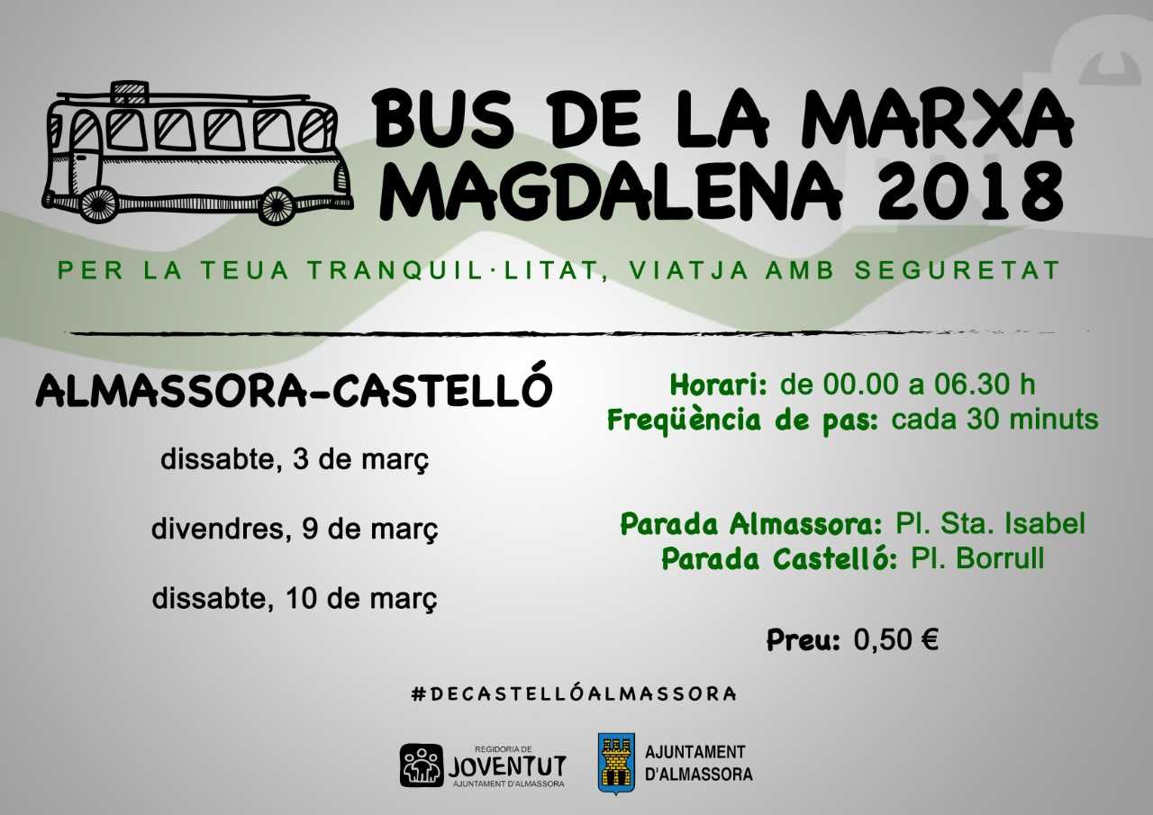 Almassora reforzará el servicio nocturno de autobús a las fiestas de la Magdalena Almassora reforzará el servicio nocturno de autobús a las fiestas de la Magdalena