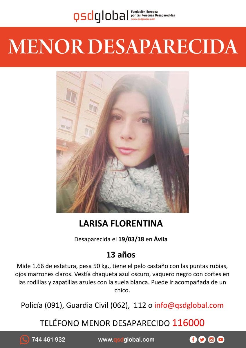 Buscan a Larisa Florentina, una menor de 13 años desaparecida en Ávila Buscan a Larisa Florentina, una menor de 13 años desaparecida en Ávila