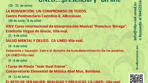 La programació dels cursos d´estiu de la UNED s´inicien el pròxim 30 de juny amb la cita en el centre penitenciari Albocàsser II. El termet, el conservatori de Burriana i el centre penitenciari acolliran els cursos per als mesos de juny i julio de la UNED.