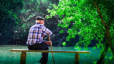 Fotograf&iacute;a de un hombre de avanzada edad, con bast&oacute;n y boina, sentado en un banco frente a un estanque, en un parque.