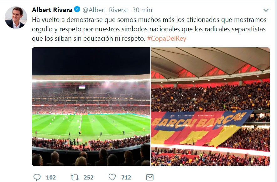 Albert Rivera celebra que haya más seguidores que respetan el himno que "radicales separatistas" que lo pitan "sin educación ni respeto" Albert Rivera celebra que haya más seguidores que respetan el himno que "radicales separatistas" que lo pitan "sin educación ni respeto"