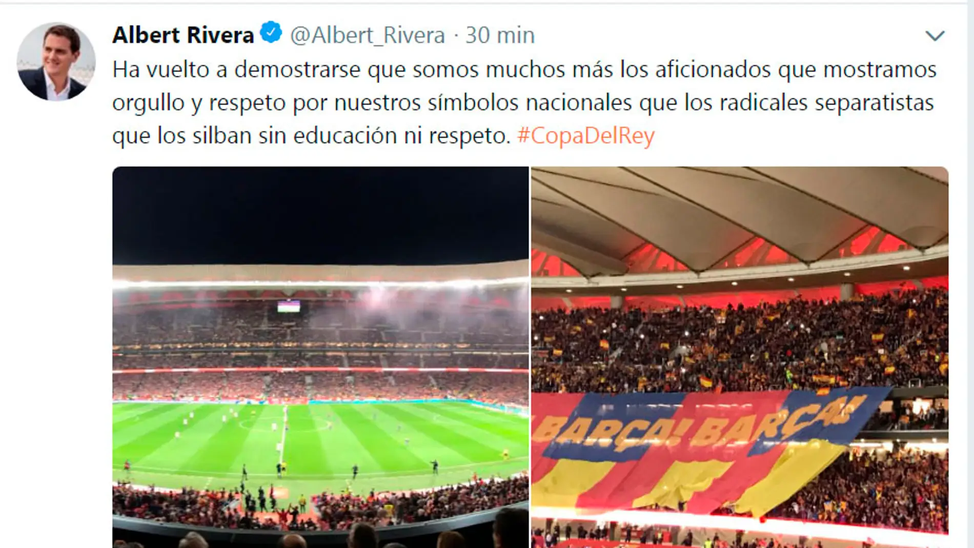Tuit de Albert Rivera sobre el sonido del himno de España en la Final de la Copa del rey