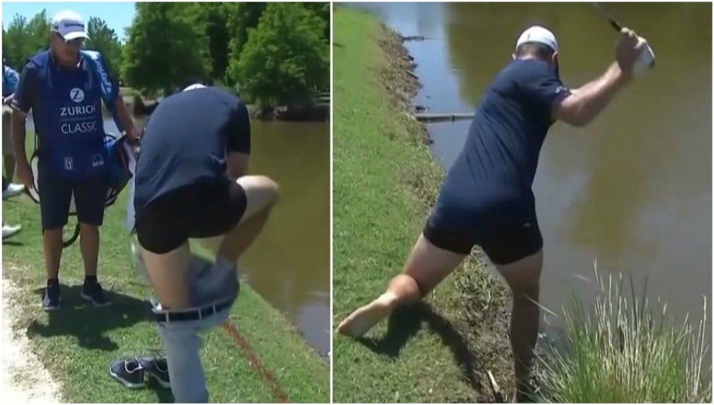 Un golfista se quita los pantalones y golpea la bola en calzoncillos Un golfista se quita los pantalones y golpea la bola en calzoncillos