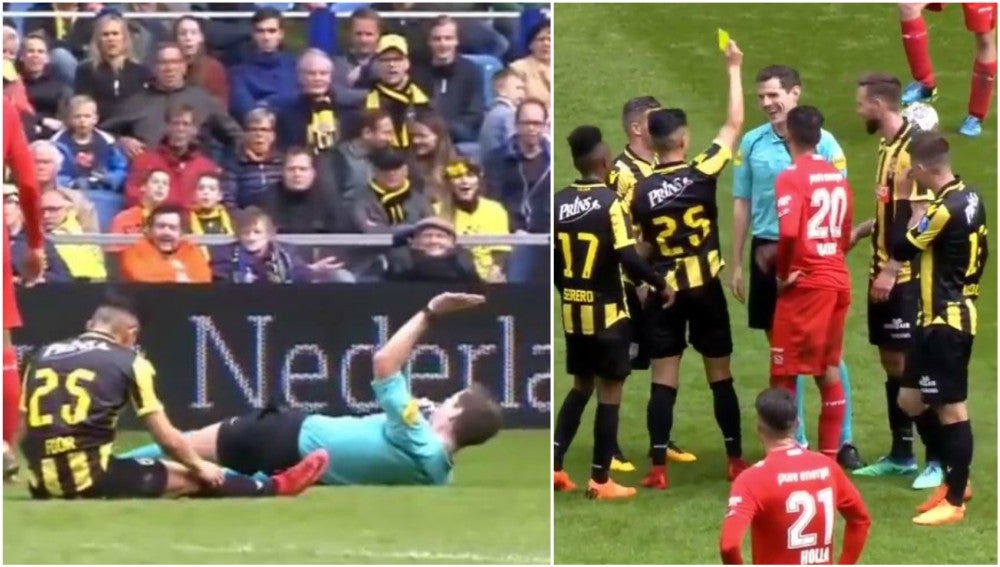 La broma viral de un jugador al árbitro: le saca tarjeta amarilla por simular un piscinazo tras chocar en pleno partido La broma viral de un jugador al árbitro: le saca tarjeta amarilla por simular un piscinazo tras chocar en pleno partido