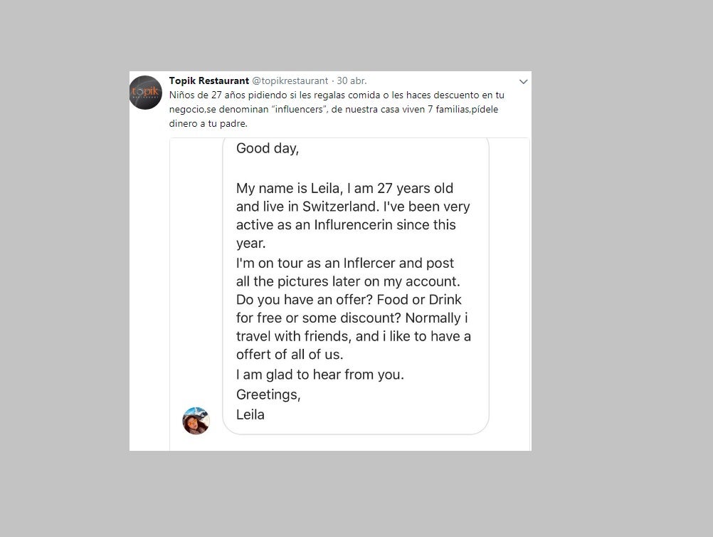 La aplaudida respuesta de un restaurante a una 'influencer' que pedía comer gratis: "De nuestra casa viven siete familias, pídele dinero a tu padre" La aplaudida respuesta de un restaurante a una 'influencer' que pedía comer gratis: "De nuestra casa viven siete familias, pídele dinero a tu padre"