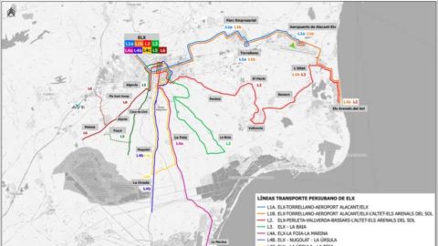 Plano con las 9 l&iacute;neas con las que contar&aacute; el nuevo transporte a pedan&iacute;as de Elche