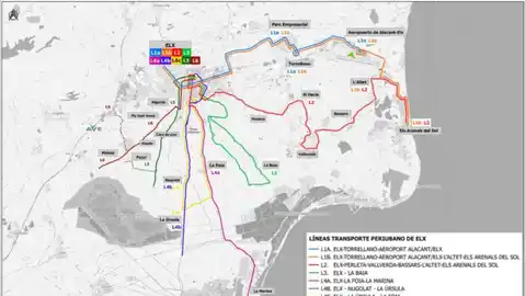 Plano con las 9 líneas con las que contará el nuevo transporte a pedanías de Elche Plano con las 9 líneas con las que contará el nuevo transporte a pedanías de Elche