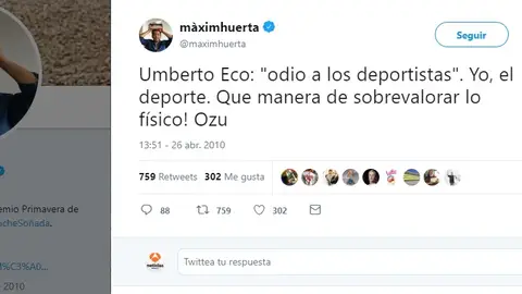 Tuit de Maxim Huerta criticando el deporte Tuit de Maxim Huerta criticando el deporte