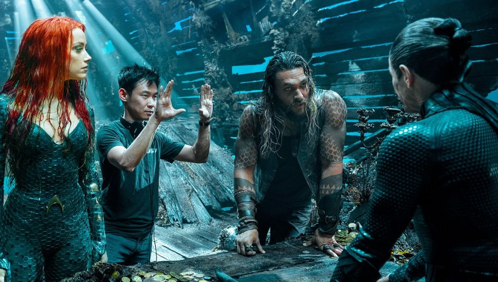 Amber heard, James Wan y Jason Momoa en el rodaje de 'Aquaman'