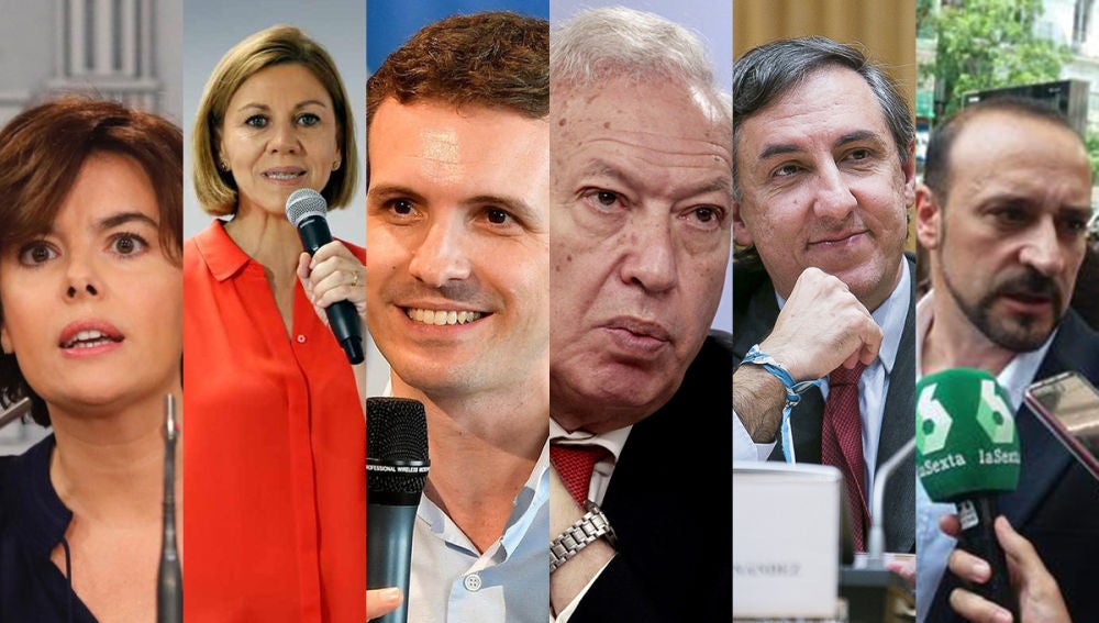 Los seis candidatos a las primarias del PP: Soraya Sáenz de Santamaría, María Dolores de Cospedal, Pablo Casado, José Manuel García-Margallo, José Ramón García, Elio Cabanes Sanchís