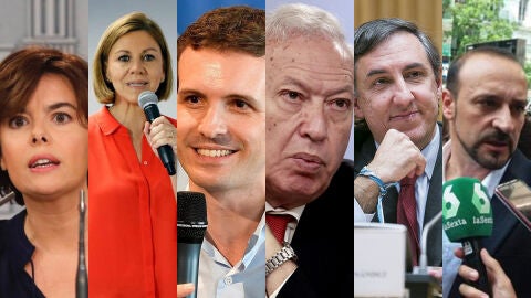 Los seis candidatos a las primarias del PP: Soraya S&aacute;enz de Santamar&iacute;a, Mar&iacute;a Dolores de Cospedal, Pablo Casado, Jos&eacute; Manuel Garc&iacute;a-Margallo, Jos&eacute; Ram&oacute;n Garc&iacute;a, Elio Cabanes Sanch&iacute;s