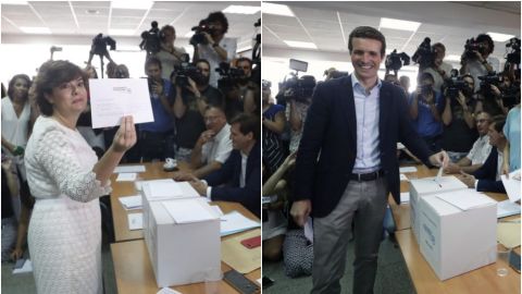 Soraya S&aacute;enz de Santamar&iacute;a y Pablo Casado, vencedores de las primarias del PP