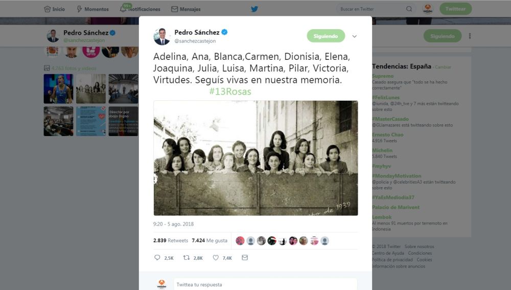 El tuit de Pedro Sánchez a las 13 rosas