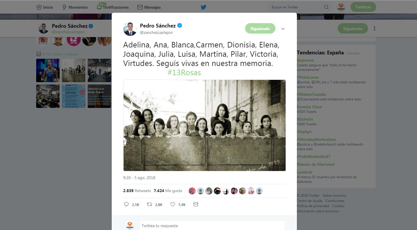 Críticas a Sánchez por confundir a 'Las trece rosas' con las actrices de la película en Twitter Críticas a Sánchez por confundir a 'Las trece rosas' con las actrices de la película en Twitter
