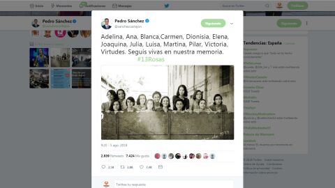El tuit de Pedro S&aacute;nchez a las 13 rosas