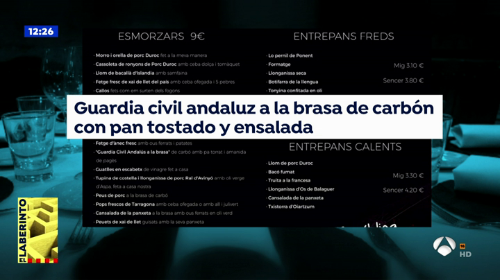 Un restaurante de Lérida ofrece en su carta "Guardia civil andaluz a la brasa" o "manitas de jueces del Constitucional" Un restaurante de Lérida ofrece en su carta "Guardia civil andaluz a la brasa" o "manitas de jueces del Constitucional"