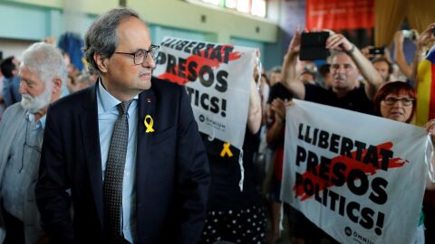 El presidente de la Generalitat de Catalu&ntilde;a, Quim Torra, asiste a la clausura de la 50 edici&oacute;n de la Universitat Catalana d'Estiu (UCE ) en la localidad de Prada de Conflent (Francia