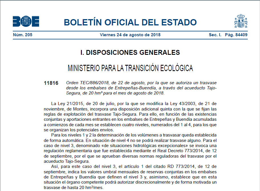 El BOE publica la autorización del trasvase de 20 hectómetros cúbicos de agua del Tajo-Segura El BOE publica la autorización del trasvase de 20 hectómetros cúbicos de agua del Tajo-Segura