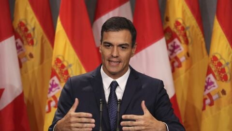 El presidente del Gobierno, Pedro S&aacute;nchez, durante su comparecencia en Montreal