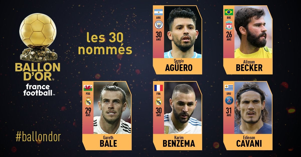 Bale, Benzema, Agüero, Cavani o Alisson, los primeros nominados para el Balón de Oro 2018 Bale, Benzema, Agüero, Cavani o Alisson, los primeros nominados para el Balón de Oro 2018