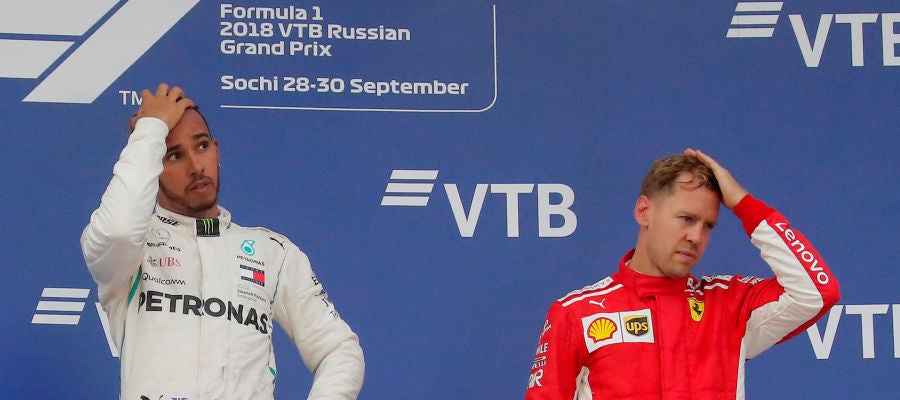 Hamilton y Vettel, en el podio del GP de Rusia Hamilton y Vettel, en el podio del GP de Rusia