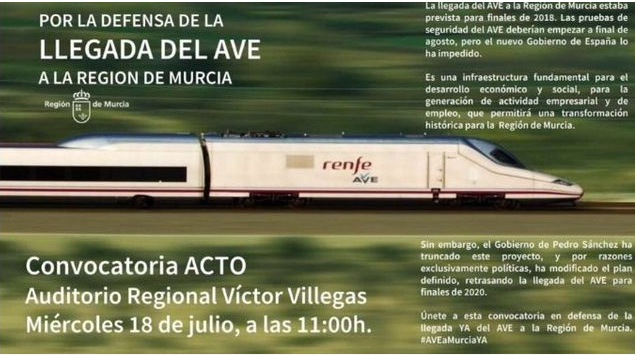 La Consejería de Fomento autorizó el uso del escudo oficial de la región de Murcia en el acto AVE YA del pasado 18 julio en el auditorio La Consejería de Fomento autorizó el uso del escudo oficial de la región de Murcia en el acto AVE YA del pasado 18 julio en el auditorio