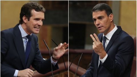 En la imagen, Pablo Casado, l&iacute;der del PP, y Pedro S&aacute;nchez, presidente del Gobierno