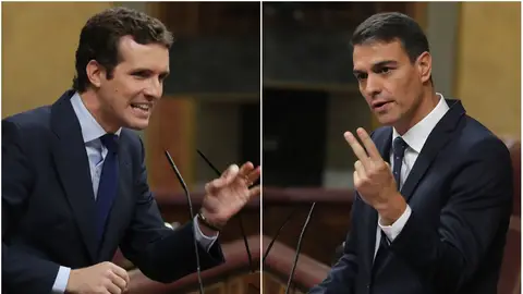 En la imagen, Pablo Casado, líder del PP, y Pedro Sánchez, presidente del Gobierno En la imagen, Pablo Casado, líder del PP, y Pedro Sánchez, presidente del Gobierno