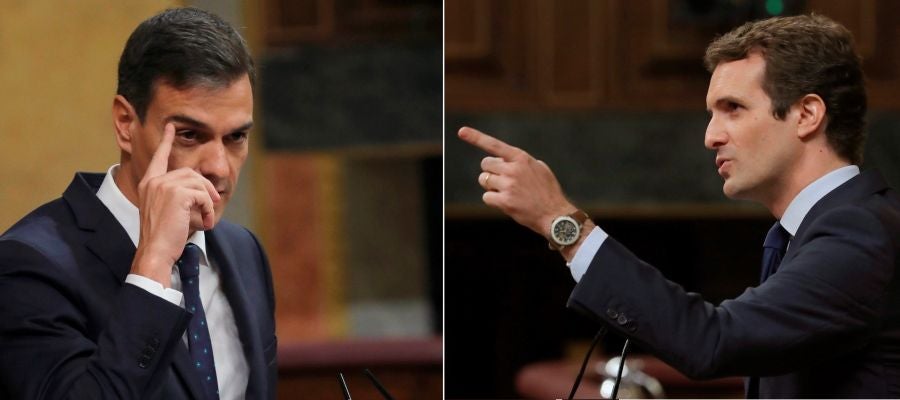 El presidente del Gobierno, Pedro Sánchez, y el presidente del PP, Pablo Casado, durante el pleno del Congreso El presidente del Gobierno, Pedro Sánchez, y el presidente del PP, Pablo Casado, durante el pleno del Congreso