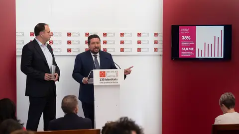 El presidente de la Diputación, Javier Moliner, presentando los presupuestos en el ente provincial. DIPUTACIÓN