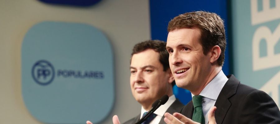 El presidente del PP, Pablo Casado, junto al candidato del PP a la Junta, Juanma Moreno El presidente del PP, Pablo Casado, junto al candidato del PP a la Junta, Juanma Moreno