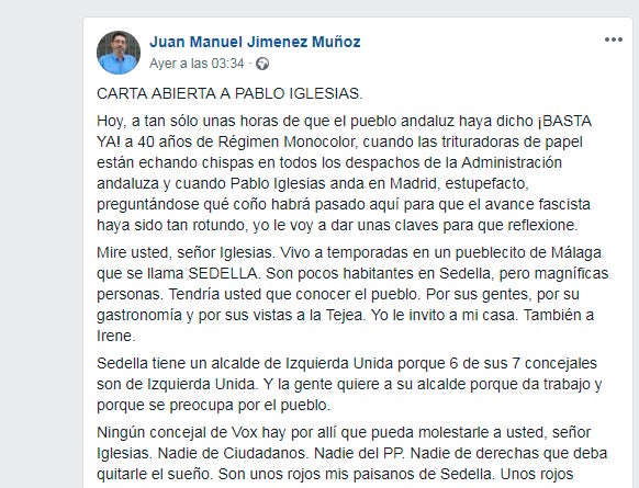 La carta abierta de un malagueño a Pablo Iglesias en la que le explica el avance de Vox en Andalucía La carta abierta de un malagueño a Pablo Iglesias en la que le explica el avance de Vox en Andalucía