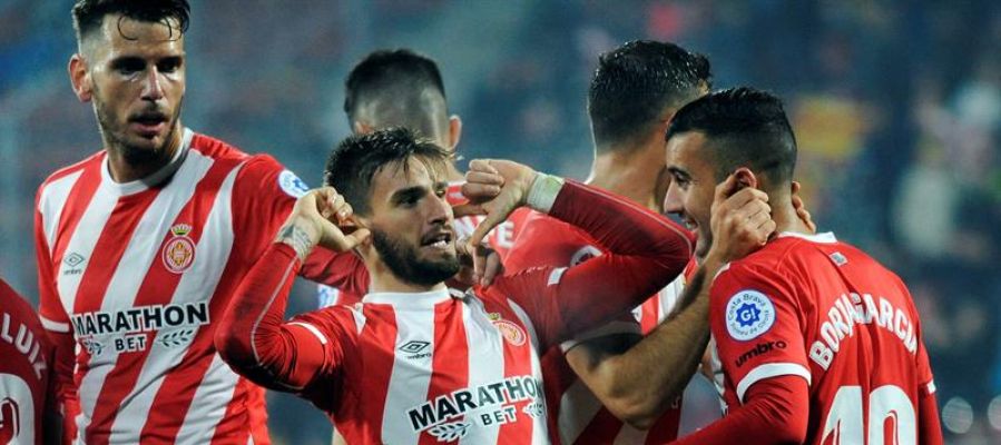 Los jugadores del Girona celebran un gol de Portu Los jugadores del Girona celebran un gol de Portu