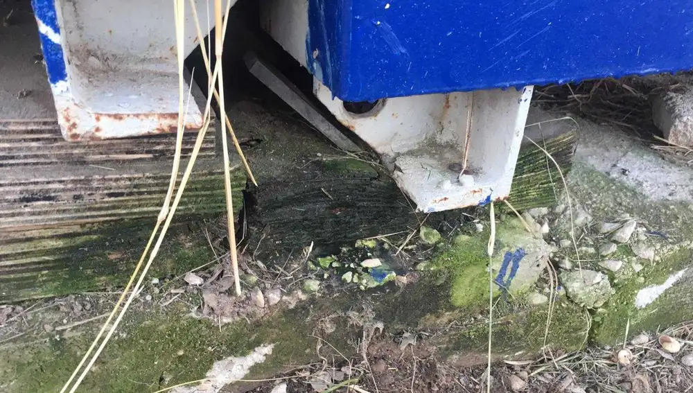 Estado en el que se encuentra uno de los apoyo de madera de los barracones del colegio La Paz de Torrellano Estado en el que se encuentra uno de los apoyo de madera de los barracones del colegio La Paz de Torrellano