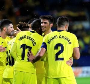 Los jugadores del Villarreal celebran uno de los goles contra el Spartak Los jugadores del Villarreal celebran uno de los goles contra el Spartak