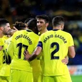 Los jugadores del Villarreal celebran uno de los goles contra el Spartak