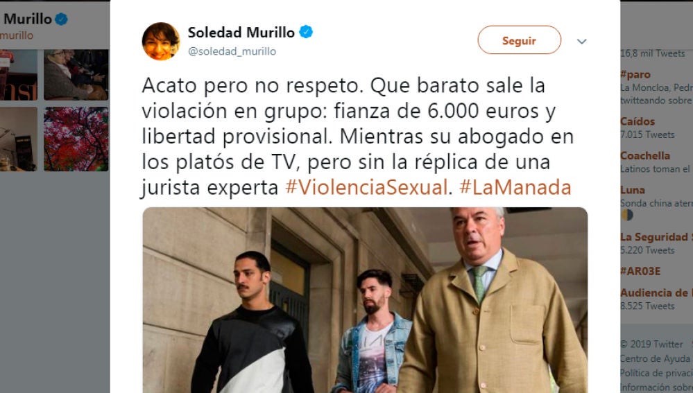 El tuit de Soledad Murillo donde acata pero no respeta la decisión judicial sobre La Manada