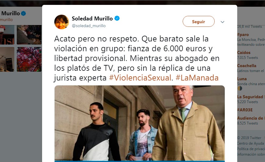 La secretaria de Estado de Igualdad acata pero no respeta la decisión judicial de libertad de La Manada La secretaria de Estado de Igualdad acata pero no respeta la decisión judicial de libertad de La Manada
