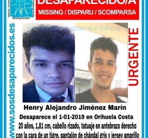 Imagen difundida de Henry Alejandro Jiménez Marín, desaparecido el 1 de enero en Orihuela Costa Imagen difundida de Henry Alejandro Jiménez Marín, desaparecido el 1 de enero en Orihuela Costa