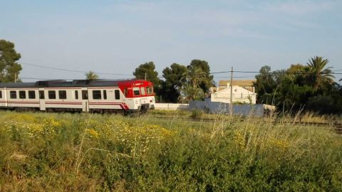 Un tren circula a la altura de la pedan&iacute;a de Torrellano de Elche.