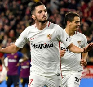 Sarabia festeja su gol ante el Barcelona Sarabia festeja su gol ante el Barcelona