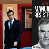 Portada del libro 'Manual de resistencia' junto a una imagen de archivo del presidente del Gobierno, Pedro Sánchez